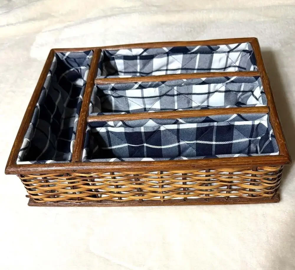 Handmade Wicker Storage Organizer Basket w/ Fabric Lining Compartments